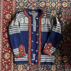 Authentic Norwegian Cardigan— 100% wool, blue and white with red accents
